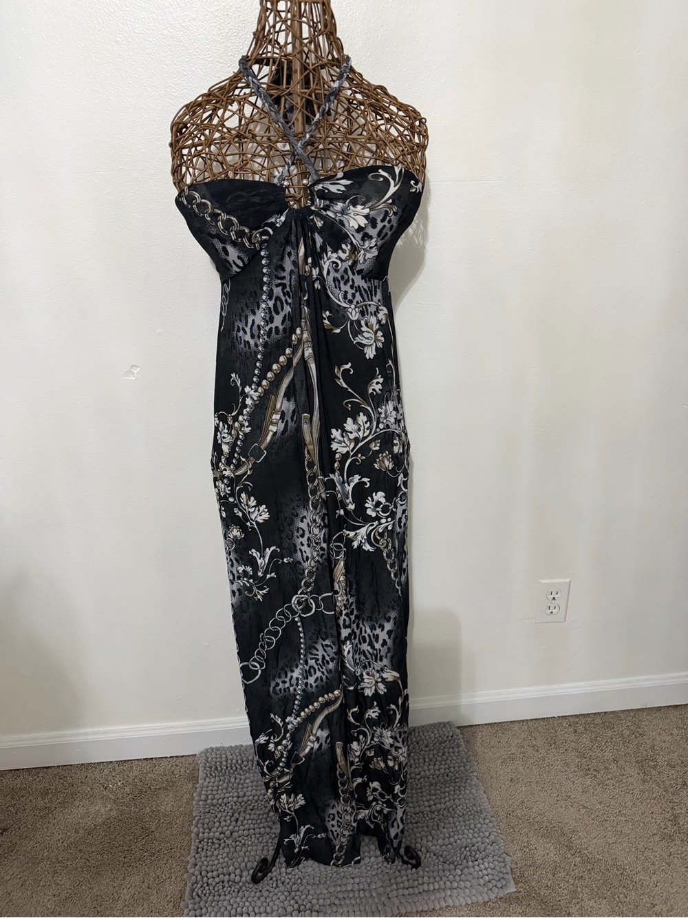 Black Floral Chain-Print Halter Maxi Dress